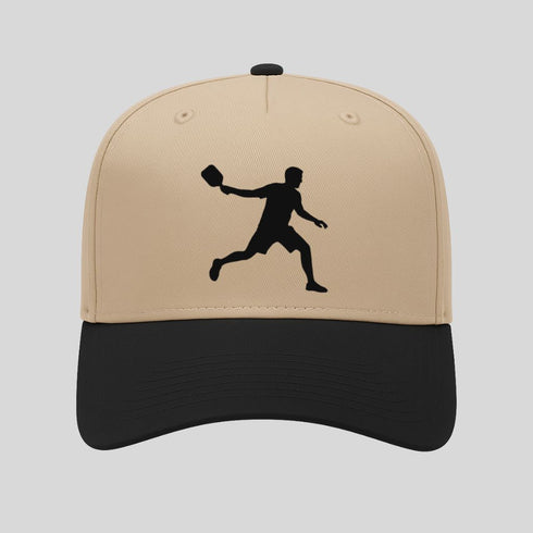 Beige and black cap with a black silhouette of a person on a gray background